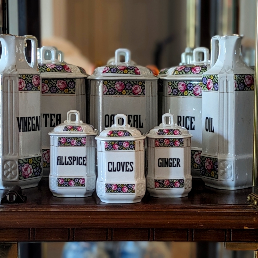 Floral 1920's Czechoslovakia Kitchen Canister Set Antique 8pc